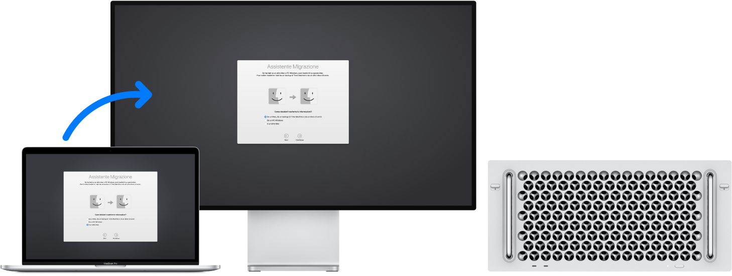 Un MacBook in cui è visualizzata la schermata di Assistente Migrazione, connesso a un Mac Pro in cui è aperta la stessa schermata.