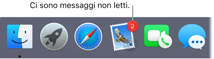 Sezione del Dock in cui è visualizzata l'icona dell'app Mail, con un badge che indica il numero di messaggi non letti.