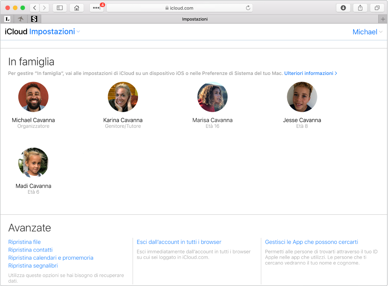 Una finestra di Safari che mostra le impostazioni di “In famiglia” su iCloud.com.
