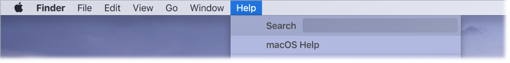 Search және macOS Help мәзір параметрлерін көрсетіп тұрған Help мәзірі ашық жартылай жұмыс үстелі.