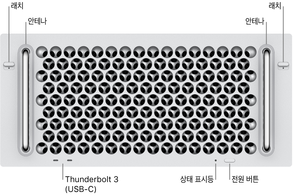 Thunderbolt 3(USB-C) 포트 두 개, 시스템 표시등, 전원, 버튼 및 안테나를 표시하는 Mac Pro의 앞면.