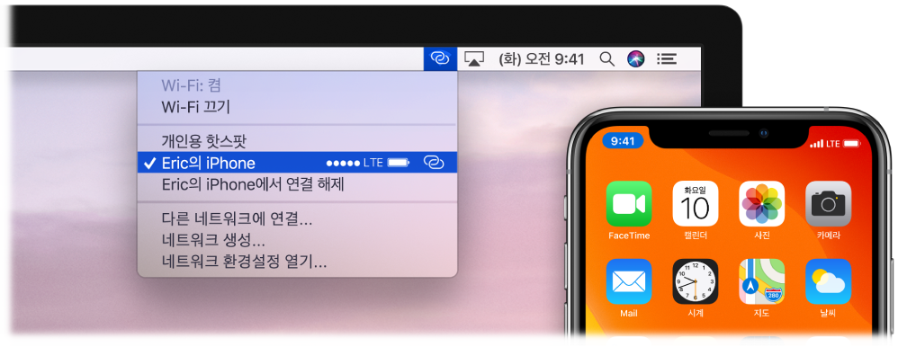 iPhone에 연결된 개인용 핫스팟을 표시하는 Wi-Fi 메뉴가 있는 Mac 화면.