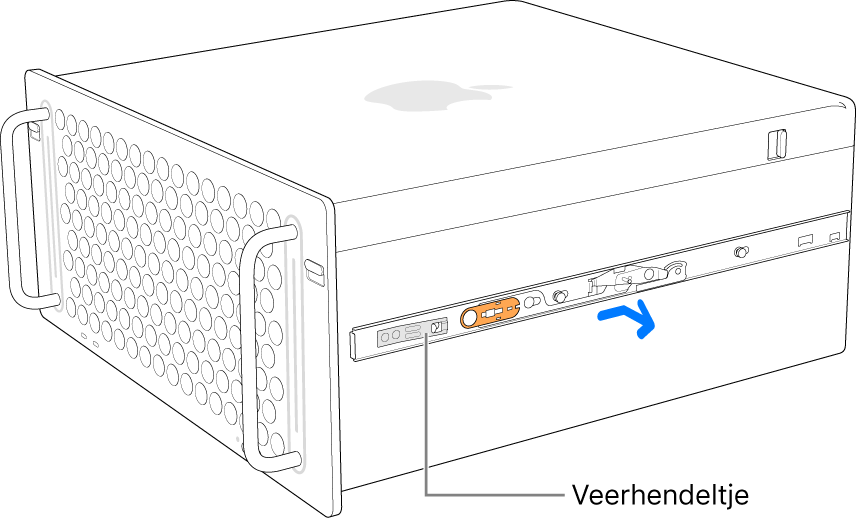 Een rail die wordt losgehaald van de zijkant van de Mac Pro.