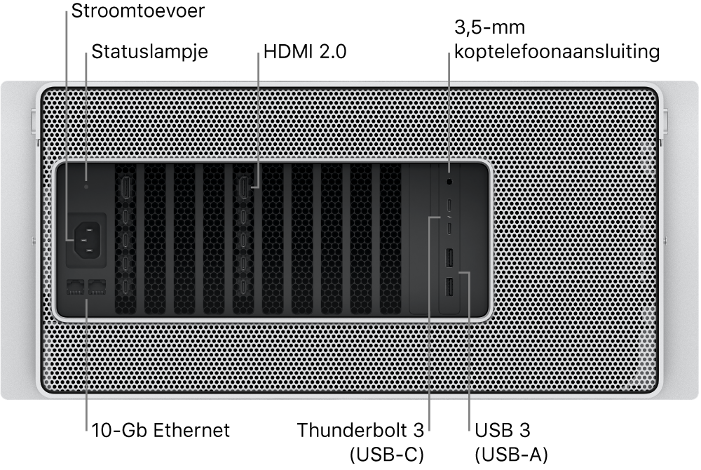 De achterkant van de Mac Pro met de poort voor het netsnoer, een statuslampje, twee HDMI 2.0-poorten, 3,5-mm koptelefoonaansluiting, twee 10 Gigabit Ethernet-poorten, twee Thunderbolt 3-poorten (USB-C) en twee USB-A-poorten.