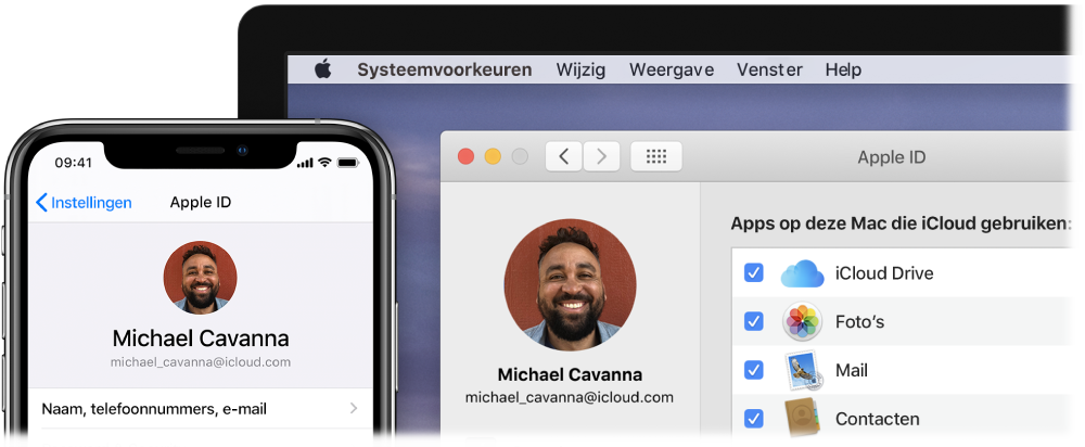 Een iPhone met iCloud-instellingen en een Mac-scherm met het iCloud-venster.