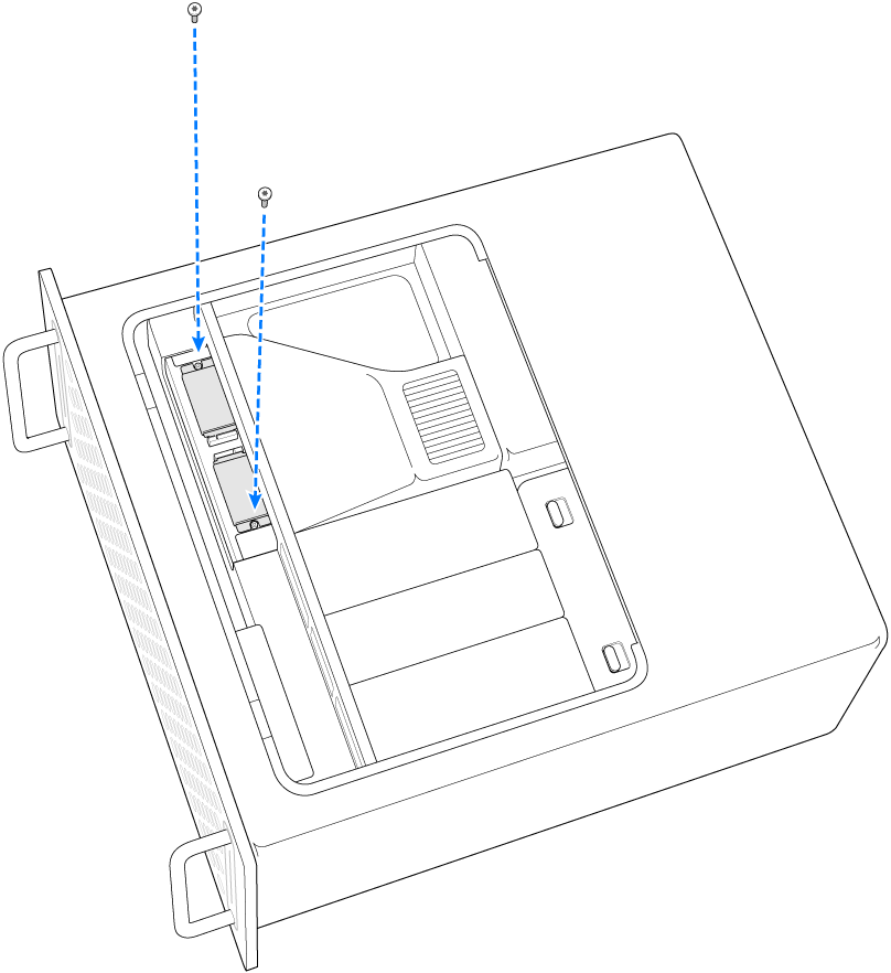 Een Mac Pro op zijn kant waarbij wordt aangegeven hoe twee schroeven worden geïnstalleerd.