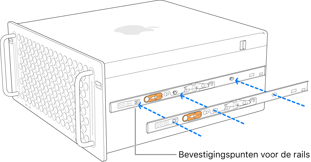 Mac Pro waarbij een binnenste rail aan de zijkant wordt bevestigd.