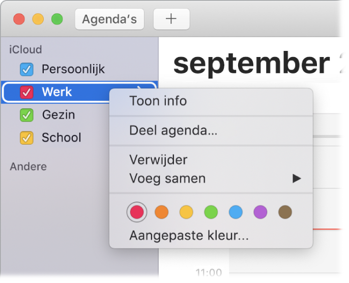 Het contextuele menu 'Agenda' met opties om de kleur van een agenda aan te passen.