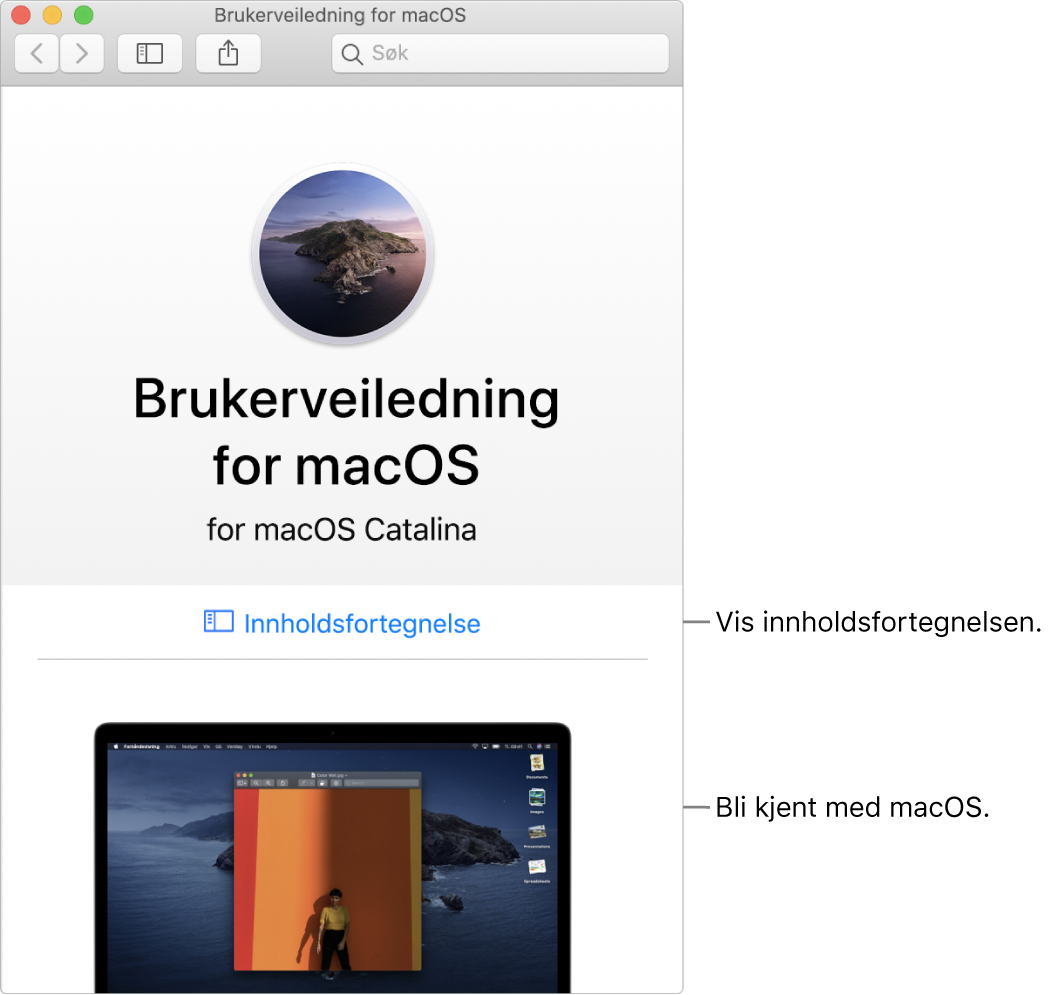 Velkomstsiden i Brukerveiledning for macOS som viser Innholdsfortegnelse-koblingen.