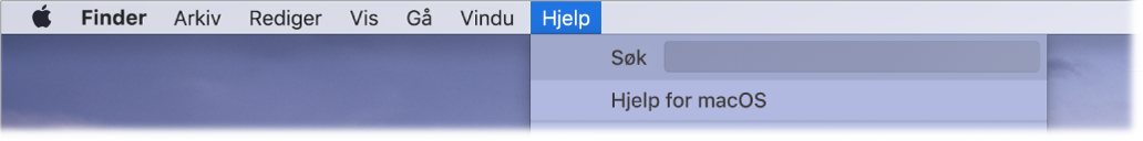 En del av et skrivebord med Hjelp-menyen åpen som viser menyvalgene for Søk og Hjelp for macOS.