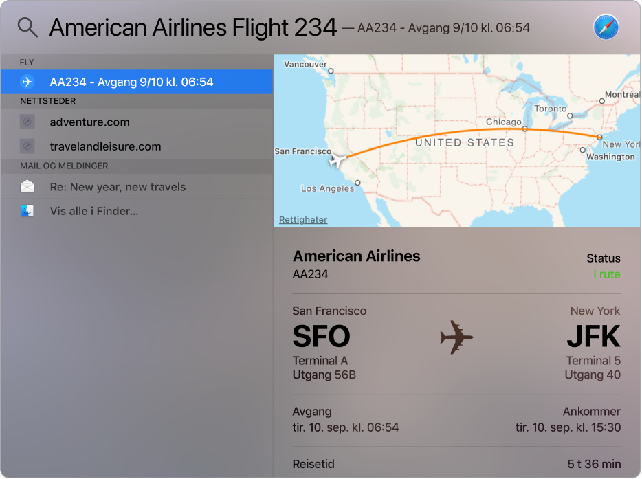 Spotlight-vinduet, som viser et kart og flyinfo for flyvningen som du søkte etter.