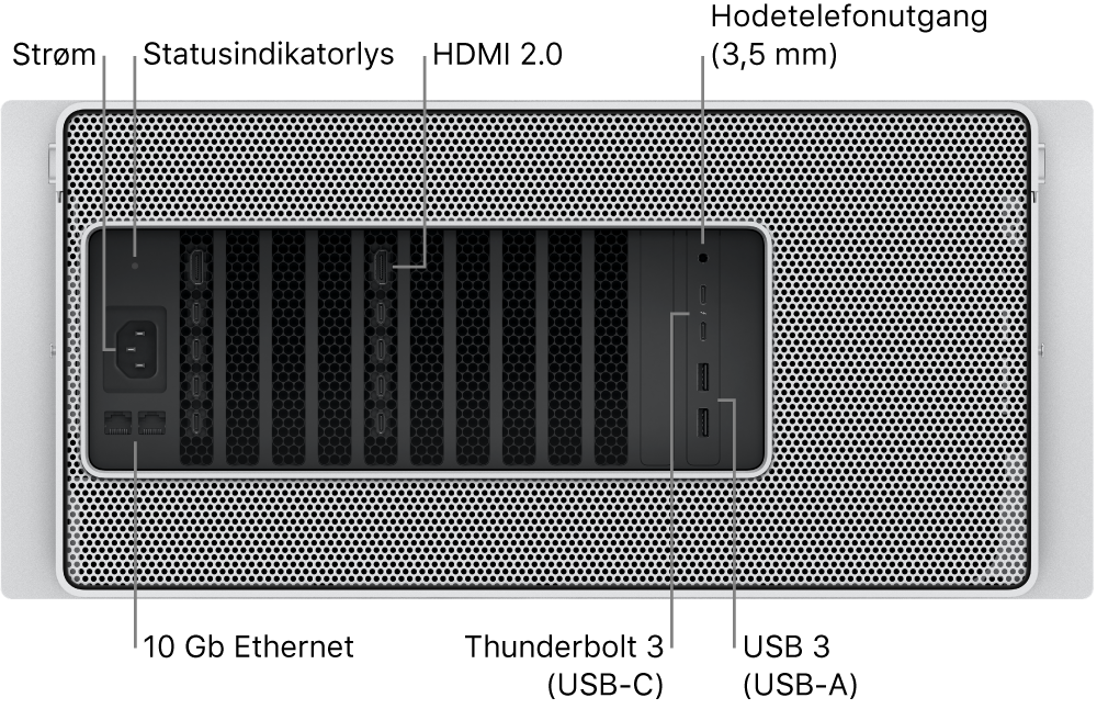 Baksiden av Mac Pro som viser strømporten, et statusindikatorlys, to HDMI 2.0-porter, 3,5 mm hodetelefoninngang, to 10 Gigabit Ethernet-porter, to Thunderbolt 3-porter (USB-C) og to USB-A-porter.