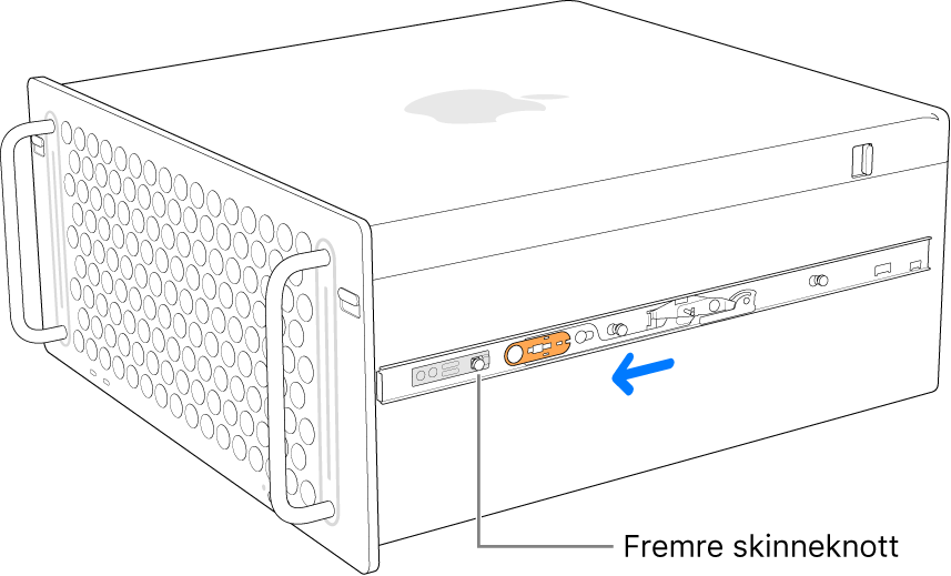 Mac Pro med en skinne som skyves fremover og låses på plass.