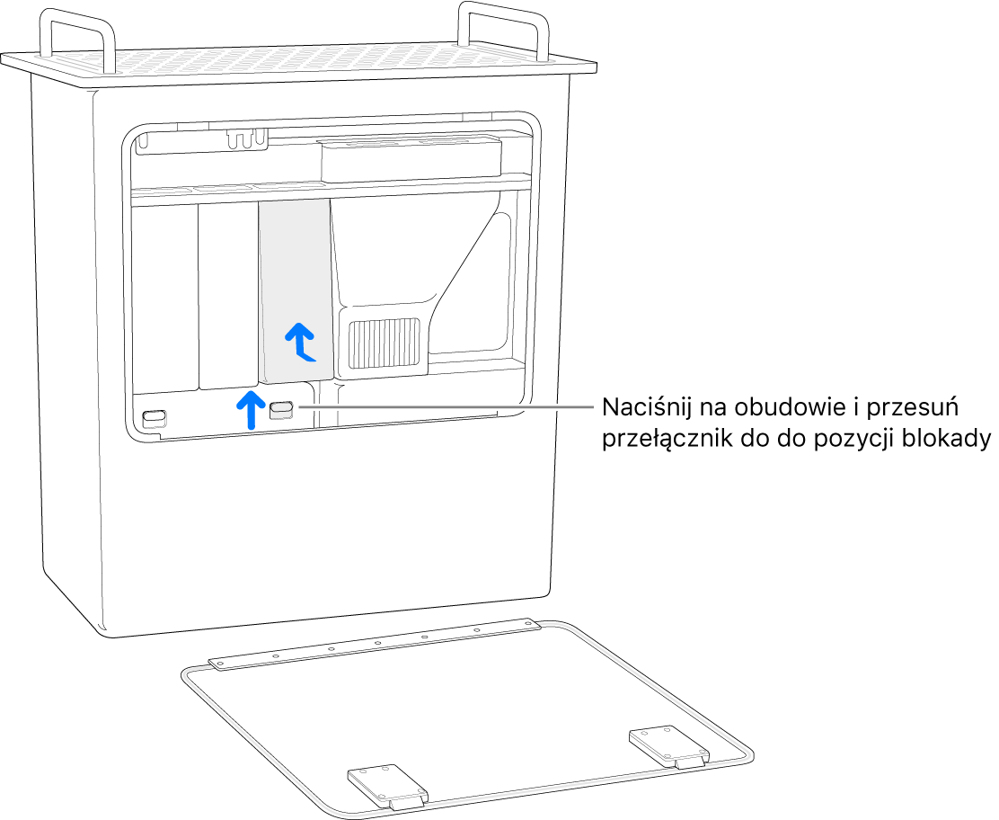 Mac Pro stojący na tylnej ścianie, pokazujący jak przesunąć przełącznik DIMM do pozycji zablokowanej.