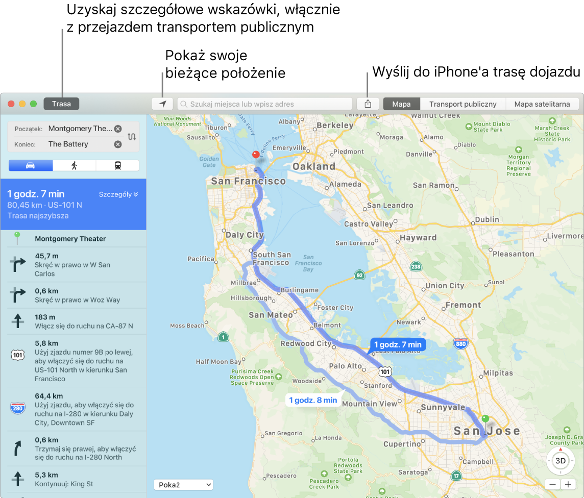 Okno aplikacji Mapy, przedstawiające sposób uzyskiwania wskazówek nawigacji przez kliknięcie w Trasa w lewym górnym rogu, a także sposób wysyłania wskazówek do iPhone'a przy użyciu przycisku udostępniania.