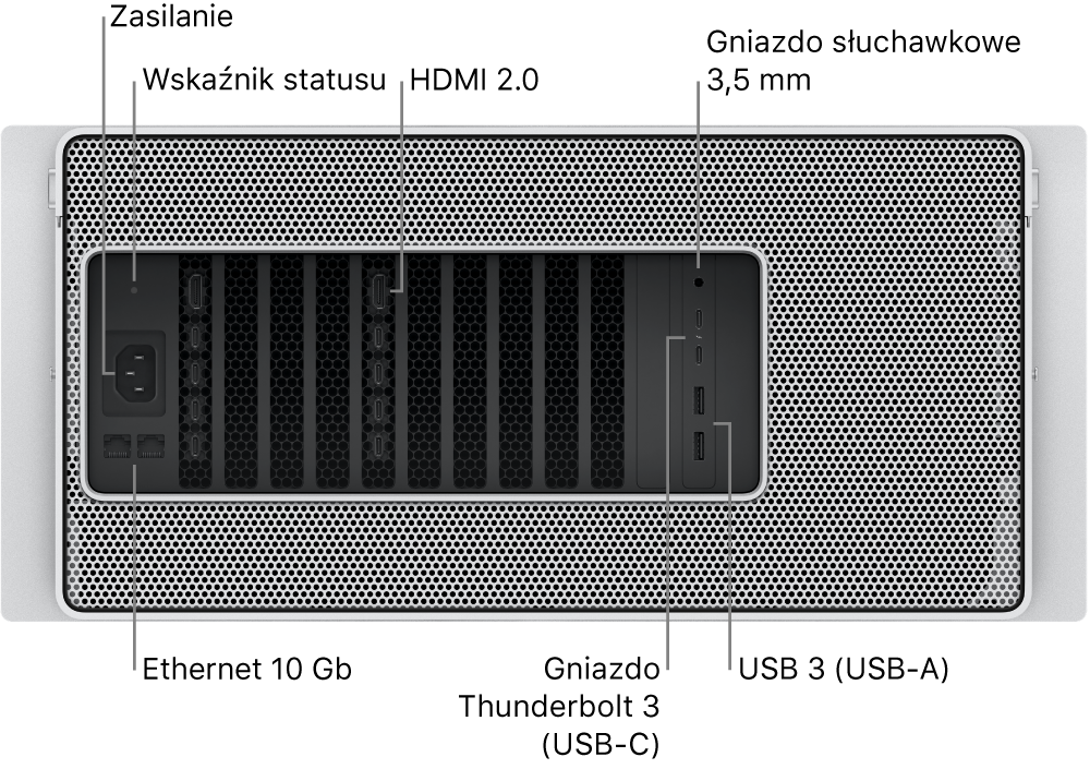Widok Maca Pro od tyłu z widocznym gniazdem zasilania, lampką wskaźnika statusu, dwoma gniazdami HDMI 2.0, gniazdem słuchawkowym 3,5 mm, dwoma gniazdami 10 Gigabit Ethernet, dwoma gniazdami Thunderbolt 3 (USB-C) oraz dwoma gniazdami USB-A.