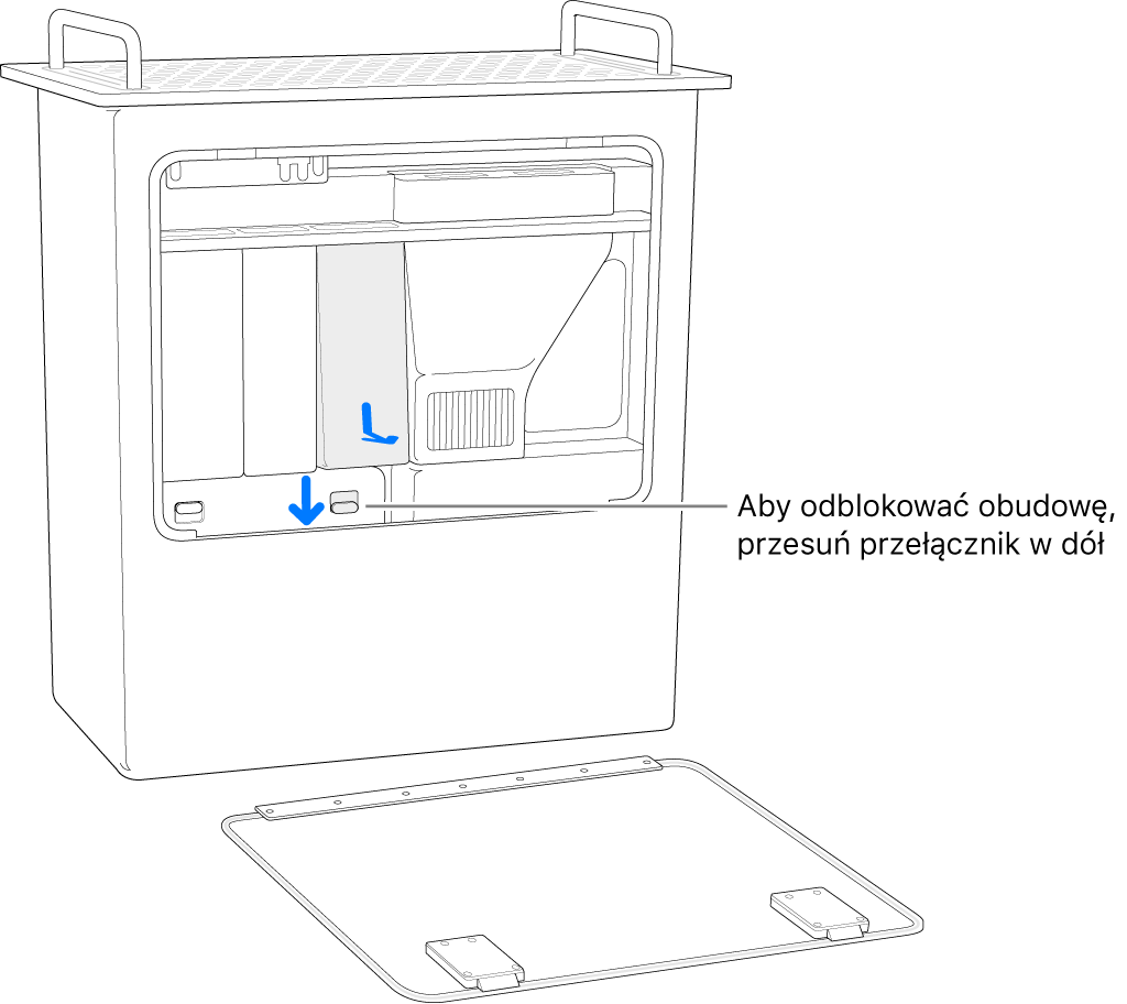 Mac Pro stojący na tylnej ścianie z wyróżnionym przełącznikiem odblokowującym osłonę modułów DIMM.