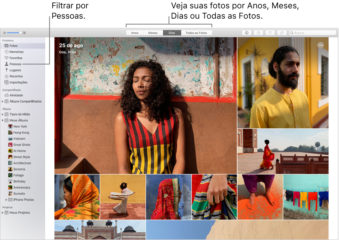 Uma janela do app Fotos mostrando como filtrar as fotos em seu álbum de várias formas diferentes.