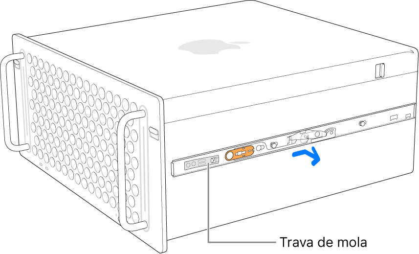 Um trilho sendo desprendido da lateral do Mac Pro.
