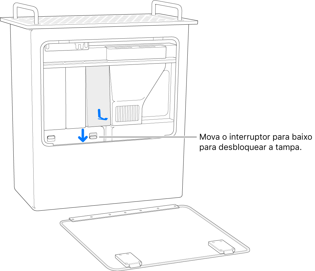 Mac Pro de pé, com o botão que desbloqueia a tampa da DIMM em destaque.