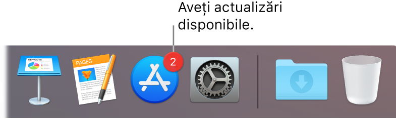 O secțiune din Dock afișând pictograma App Store cu o insignă, indicând că există actualizări disponibile.