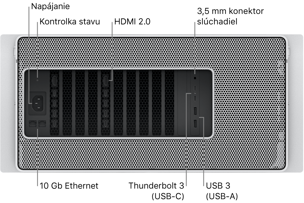 Pohľad na Mac Pro zozadu zobrazujúci napájací port, svetelný indikátor stavu, dva HDMI 2.0 porty, 3,5 mm konektor pre slúchadlá, dva 10 Gigabit Ethernet porty, dva Thunderbolt 3 (USB-C) porty a dva USB-A porty.