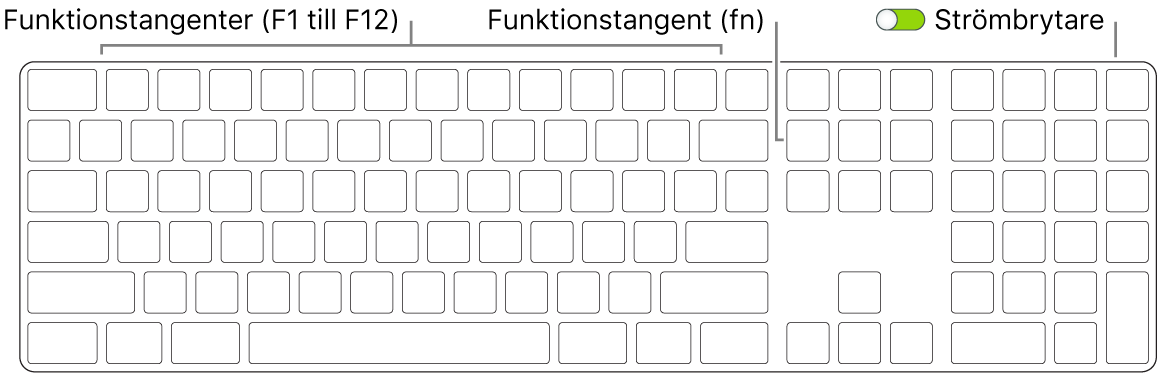 Magic Keyboard med funktionstangenten (fn) i det nedre vänstra hörnet och strömbrytaren i det övre högra hörnet av tangentbordet.