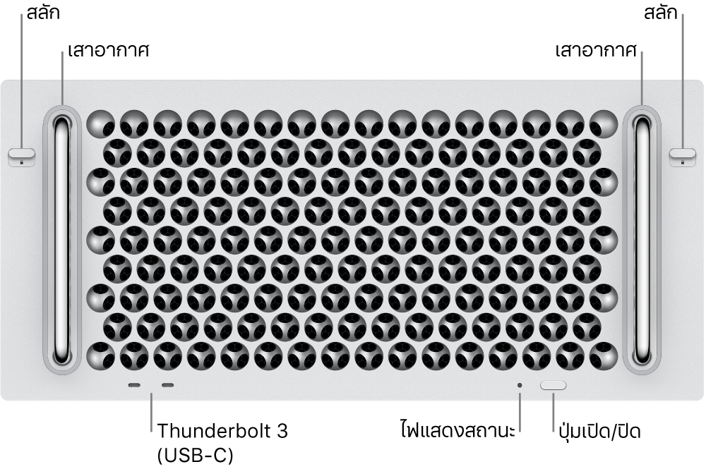 ด้านหน้าของ Mac Pro ที่แสดงพอร์ต Thunderbolt 3 (USB-C) สองพอร์ต, ไฟแสดงสถานะระบบ, กำลังไฟ, ปุ่ม และเสาอากาศ