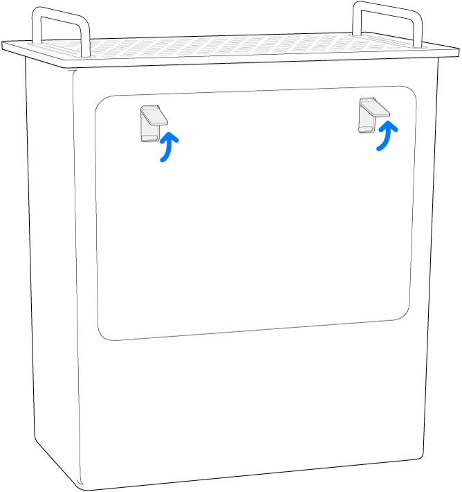 Mac Pro з виділеними фіксаторами на бічних дверцятах, поставлений задньою панеллю донизу.