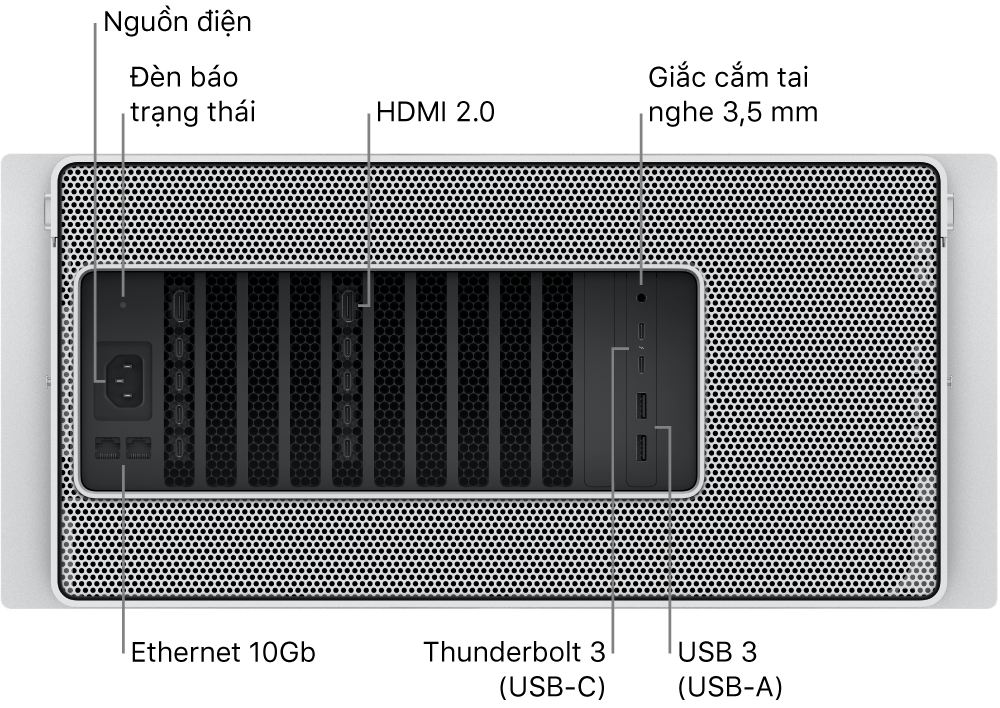 Góc nhìn mặt sau của Mac Pro đang hiển thị cổng Nguồn, đèn báo trạng thái, hai cổng HDMI 2.0, giắc cắm tai nghe 3,5 mm, hai cổng Ethernet 10 Gigabit, hai cổng Thunderbolt 3 (USB-C) và hai cổng USB-A.