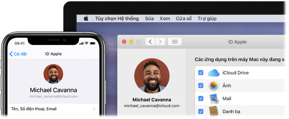 Một iPhone đang hiển thị các cài đặt iCloud và một màn hình máy Mac đang hiển thị cửa sổ iCloud.