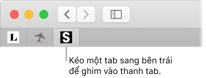 Một cửa sổ Safari đang minh họa cách ghim một tab vào thanh tab.