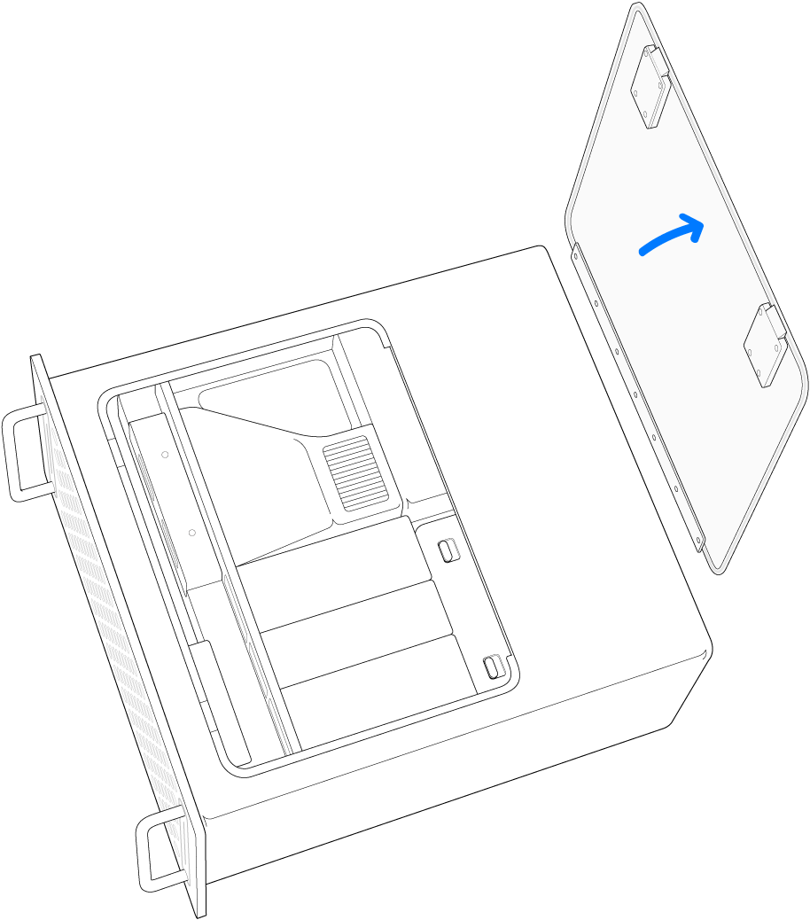 侧放的 Mac Pro，标注了正在被移除的检修孔盖板。