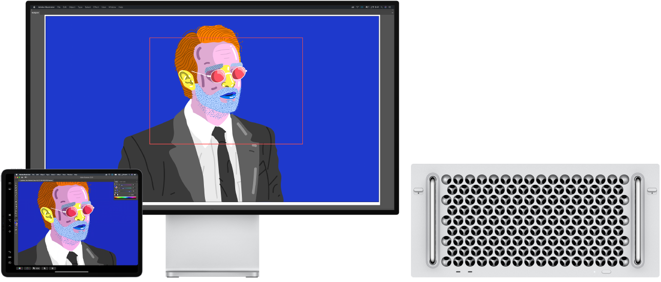 并排摆放的一台 Mac Pro 和一台 iPad。Mac Pro 上 Illustrator 导航器窗口中显示艺术作品。iPad 上 Illustrator 文稿窗口中显示同一作品，周围排列着工具栏。