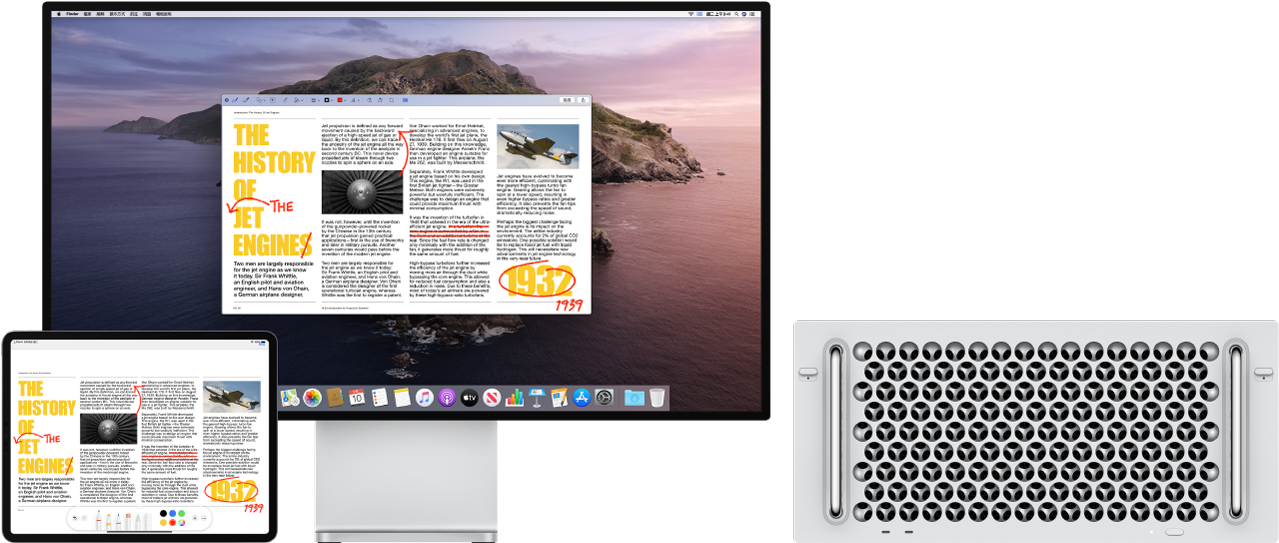 Mac Pro 和 iPad 並排放置。兩個螢幕都顯示以潦草紅色編輯內容覆蓋的文章，例如劃掉的句子、箭頭和加入的單字。iPad 的螢幕底部也有標示控制項目。
