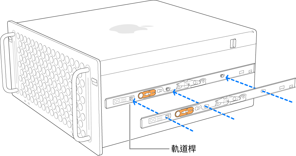 內部軌道已連接到其側邊的 Mac Pro。