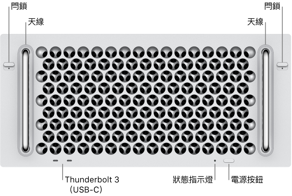 Mac Pro 正面顯示兩個 Thunderbolt 3（USB-C）埠、系統指示燈，電源按鈕和天線。