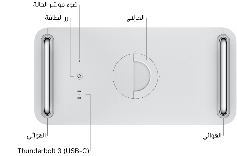 الجانب العلوي من الـ Mac Pro ويظهر فيه زر الطاقة وضوء مؤشر الحالة والمزلاج والهوائي ومنفذا Thunderbolt 3 ‏(USB-C).