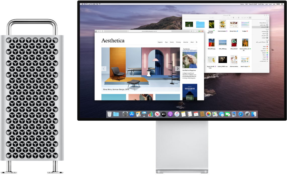 كمبيوتر Mac Pro Tower وشاشة Pro Display XDR جنبًا إلى جنب.