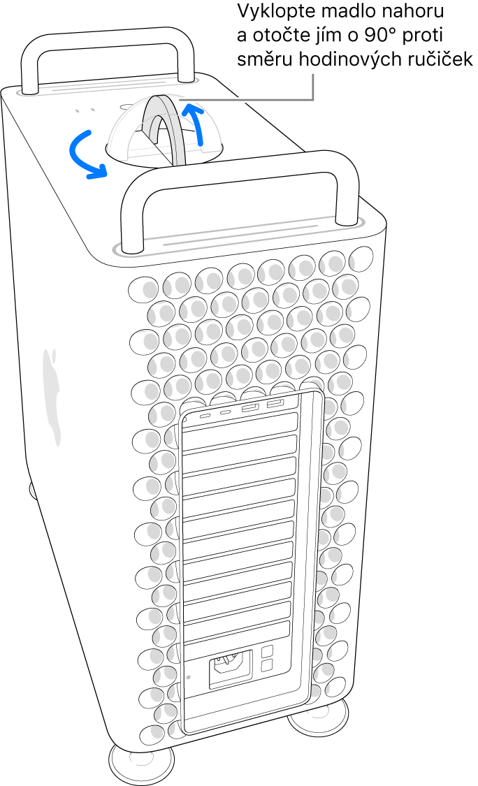 Znázornění prvního kroku postupu pro odstranění krytu počítače vyklopením madla a jeho otočením o 90 stupňů.