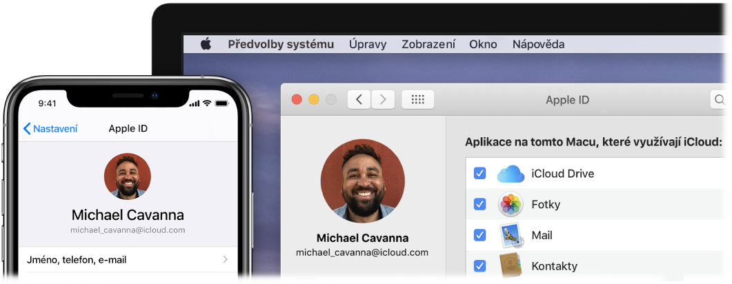 iPhone s nastaveními iCloudu a obrazovka Macu s oknem iCloudu
