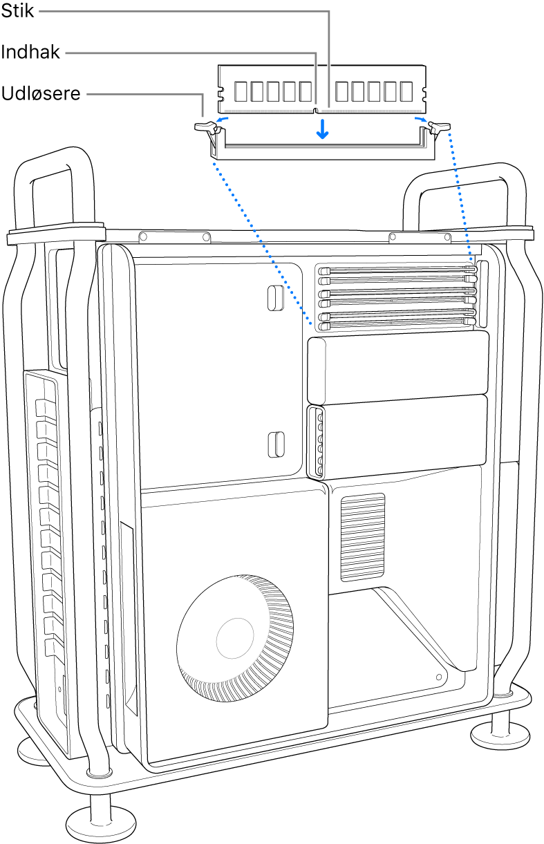 DIMM-enheden installeres, når låsetappene er klikket på plads.
