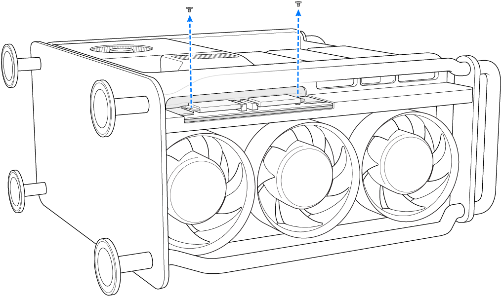 Mac Pro på siden med en illustration af, hvordan to skruer fjernes.