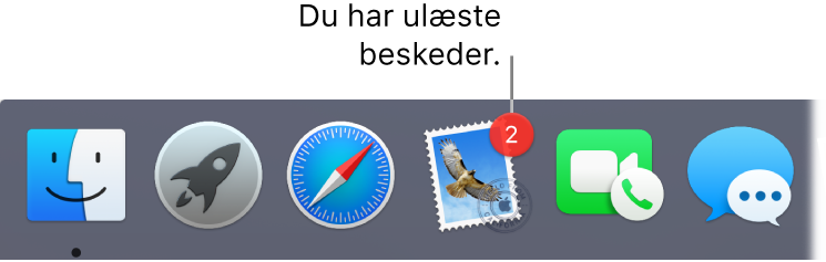 En del af Dock, der viser symbolet for programmet Mail med et mærke, som viser antallet af ulæste beskeder.