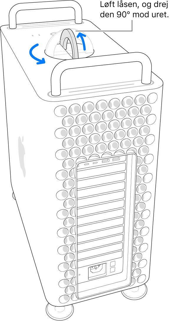 Viser det første trin, som er at fjerne computerens kabinet, ved at løfte og dreje låsen 90 grader.