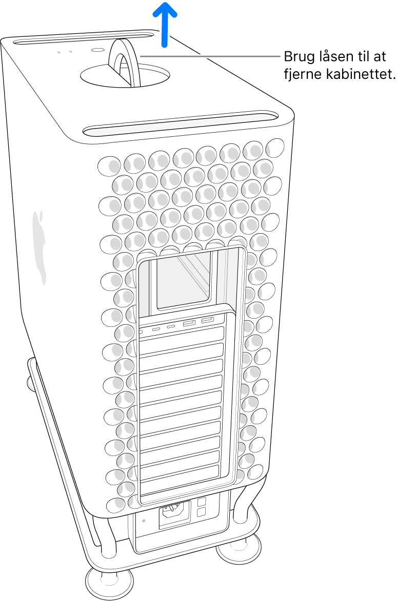 Låsen er roteret og står opret, og kabinettet løftes væk fra computeren.