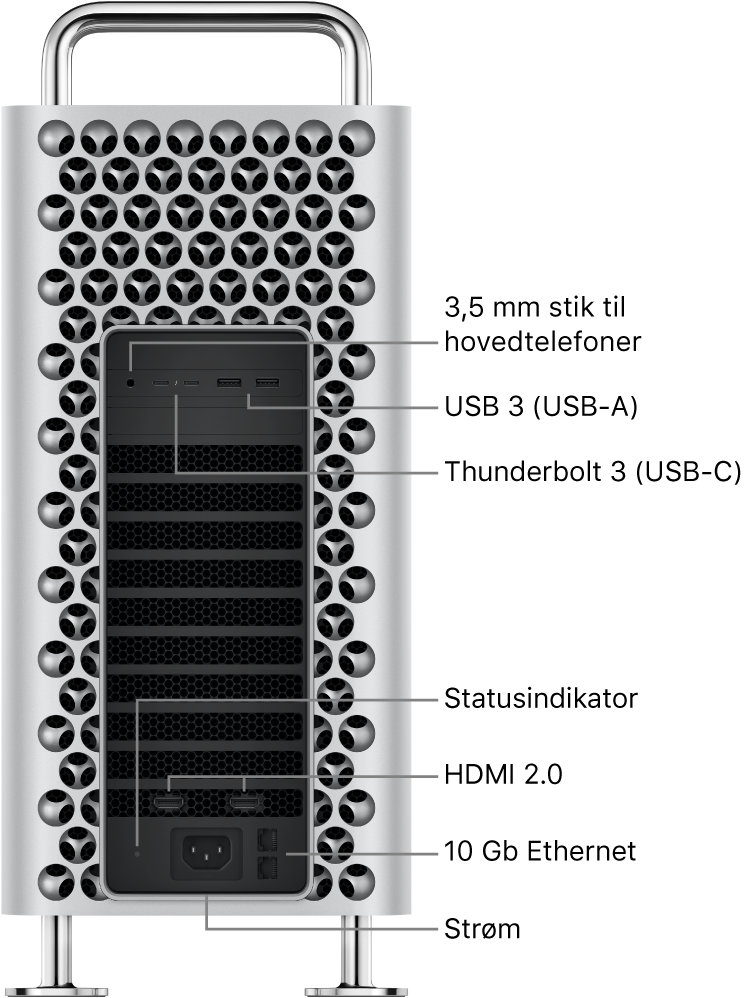 Mac Pro set fra siden med stikket på 3,5 mm til hovedtelefoner, to USB-A-porte, to Thunderbolt 3-porte (USB-C), en statusindikator, to HDMI 2.0-porte, to 10 Gigabit Ethernet-porte og porten til strømforsyning.