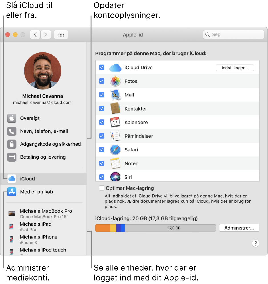 Vinduet Apple-id i Systemindstillinger. Klik på et emne i indholdsoversigten for at opdatere dine kontooplysninger, slå iCloud til eller fra, administrere mediekonti og se alle enheder, der er logget ind med dit Apple-id.