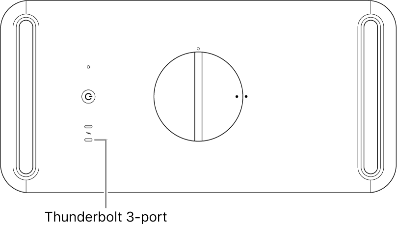 Toppen af Mac Pro, hvor du kan se, hvilken Thunderbolt 3-port du skal bruge.