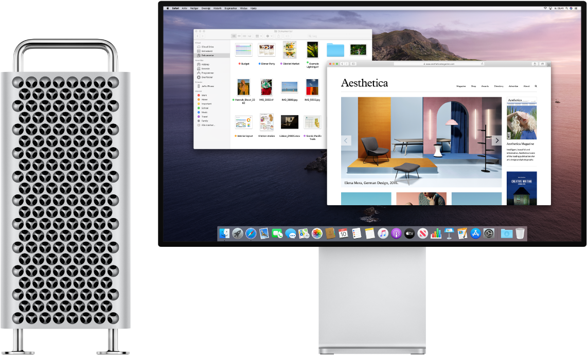 Mac Pro Tower og Pro Display XDR ved siden af hinanden.